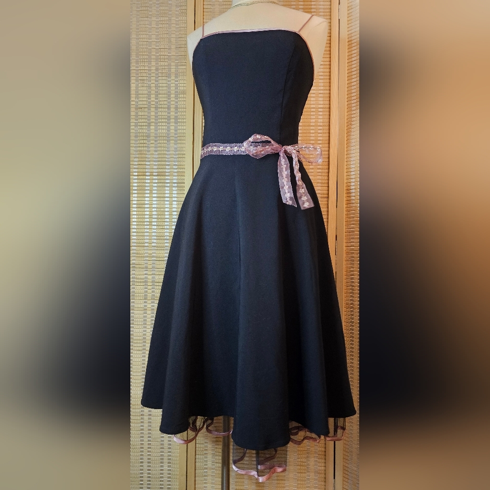 Little Black Fit & Flare Petticoat Dress w/ Sheer Pink Floral Ribbon, Juniors